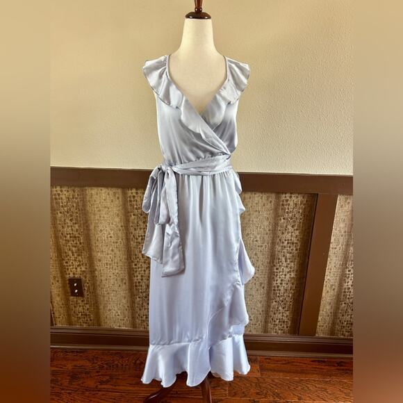 Show Me Your MuMu Samantha Ruffle Faux Wrap Dress in Ice Gray Satin XL - NWT - Picture 2 of 9